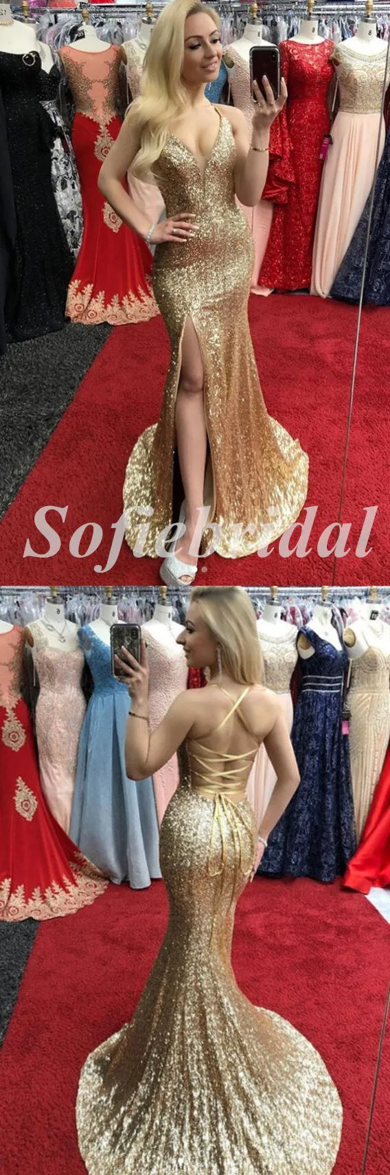 Sexy Gold Sequin Spaghetti Straps V-Neck Sleeveless Lace Up Side Slit Mermaid Long Prom Dresses,SFPD0620