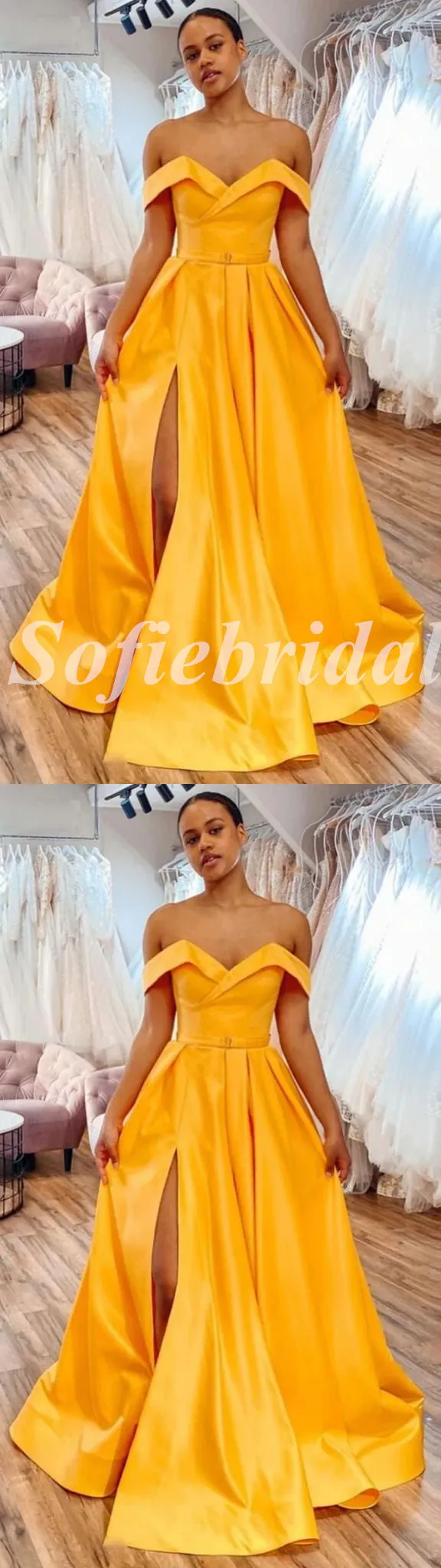 Sexy Satin Off Shoulder V-Neck Sleeveless Side Slit A-Line Long Prom Dresses,PD0772