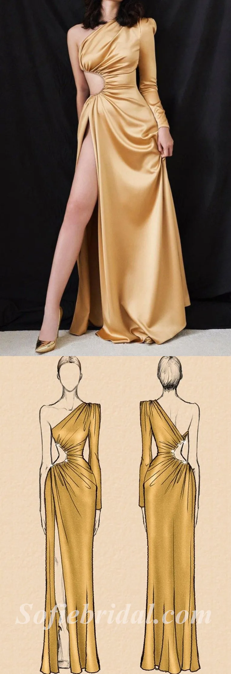 Sexy Satin One Shoulder Long Sleeve Side Slit Mermaid Long Prom Dresses,SFPD0553