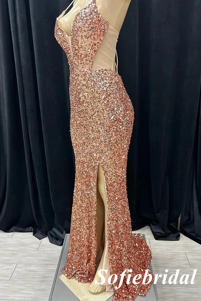 Sexy Sequin Spaghetti Straps V-Neck Lace Up Back Side Slit Mermaid Long Prom Dresses, PD0975