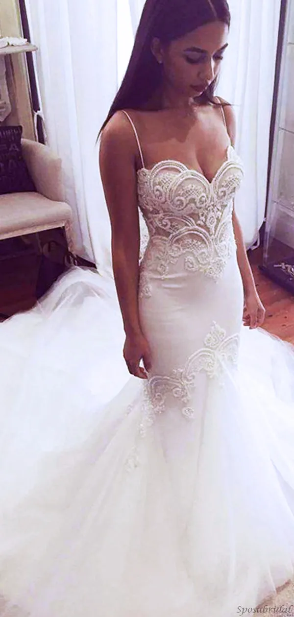 Sexy Spaghetti Straps Sweetheart Lace Top Mermaid Trumpet Long Train Wedding Dress, WD3079