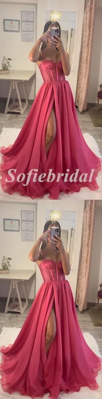 Sexy Spaghetti Straps V-Neck Sleeveless Side Slit A-Line Long Prom Dresses,PD0814