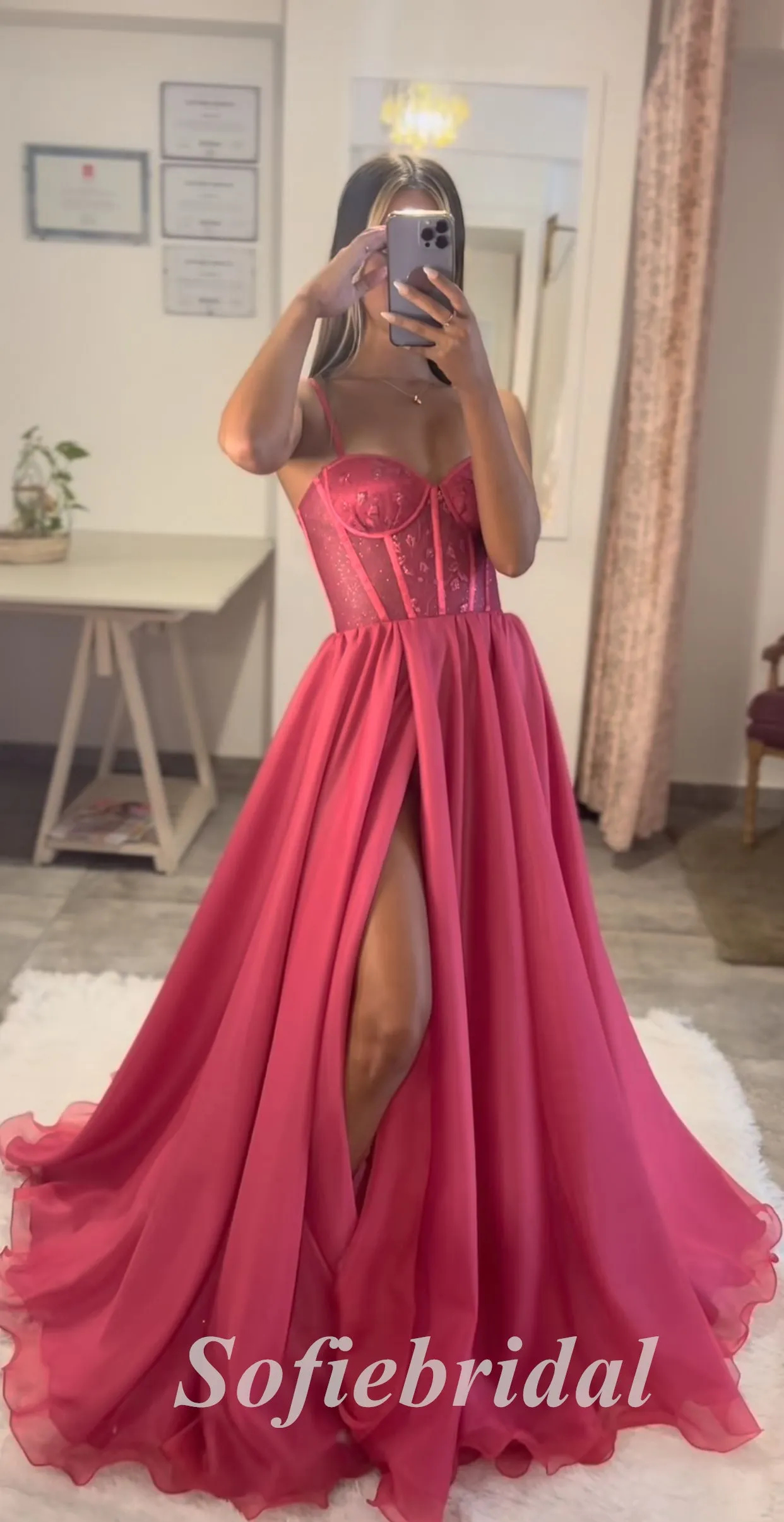 Sexy Spaghetti Straps V-Neck Sleeveless Side Slit A-Line Long Prom Dresses,PD0814