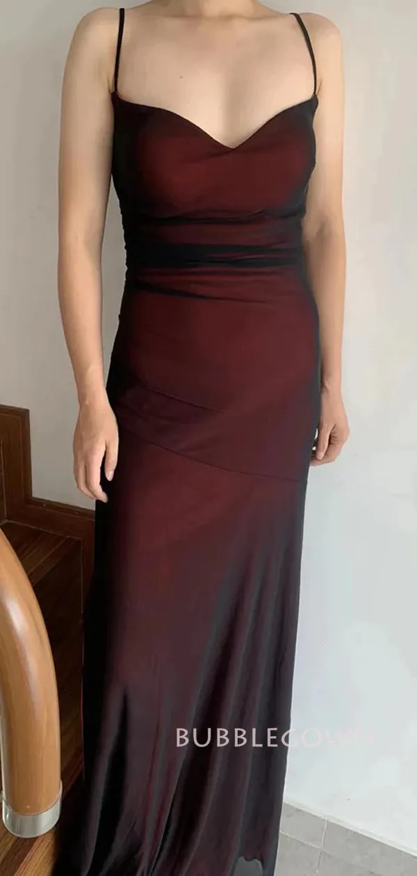 Sheath Spaghetti Straps Black Red Mermaid Long Prom Dresses, BGS0465