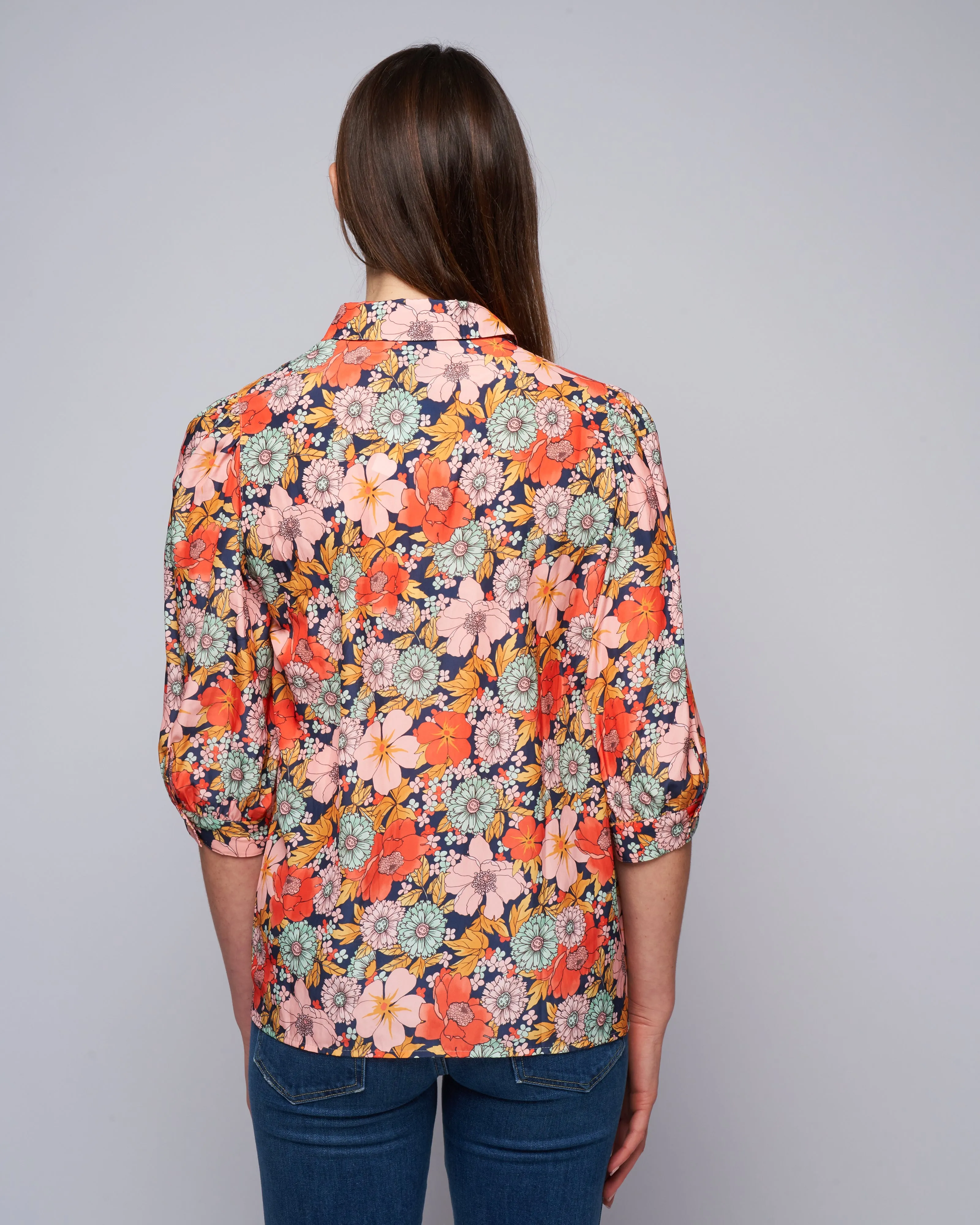 shirred pocket blouse - navy multi floral
