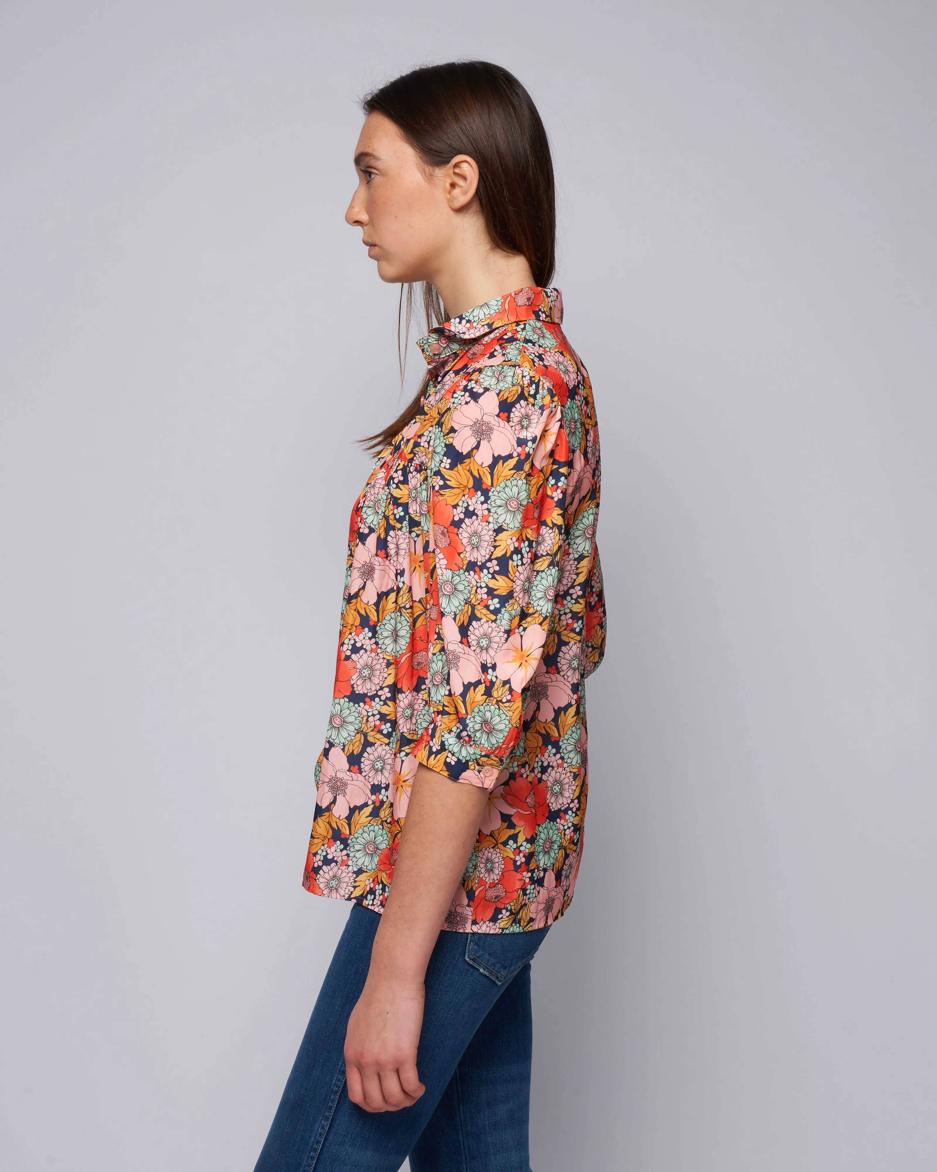 shirred pocket blouse - navy multi floral