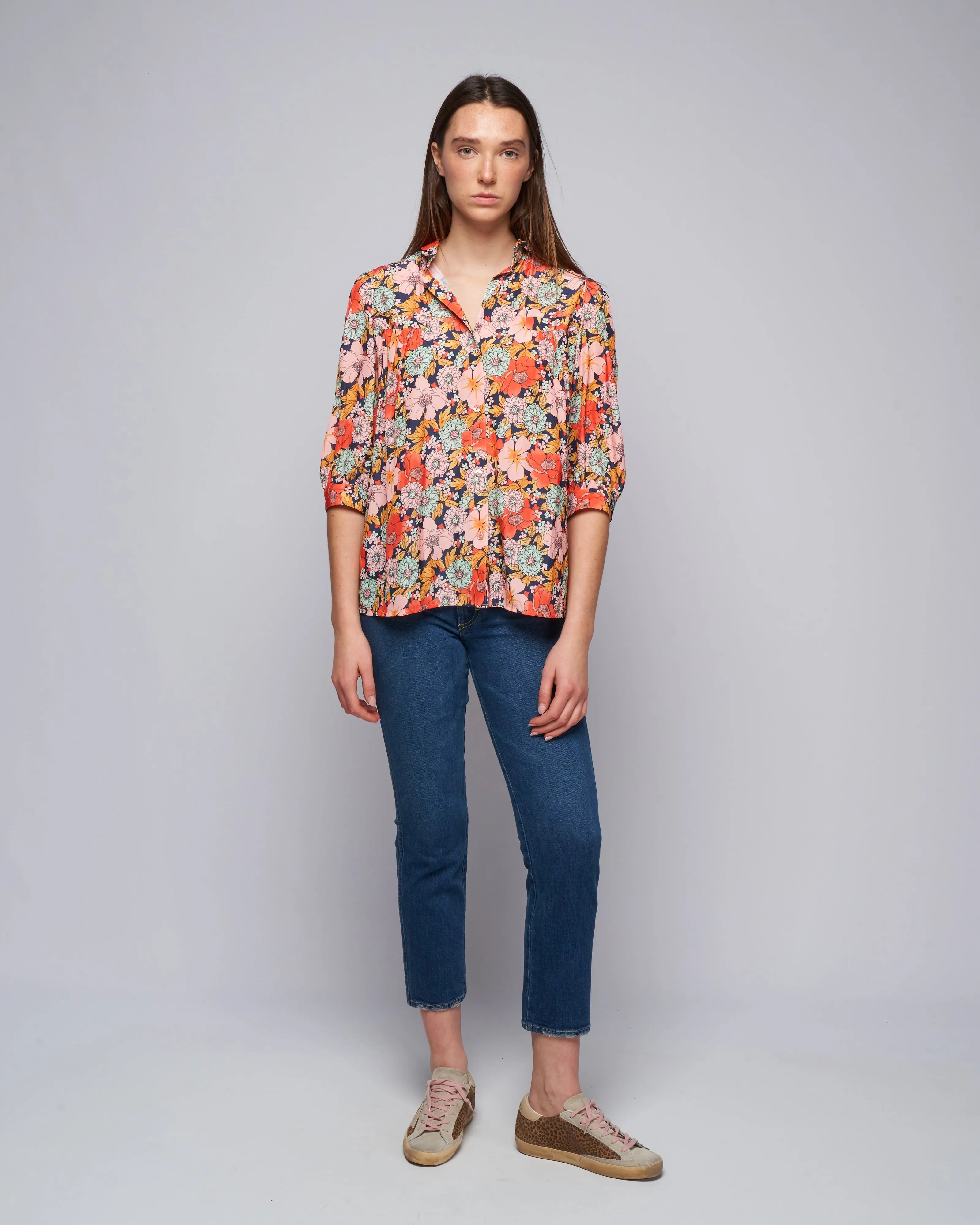 shirred pocket blouse - navy multi floral