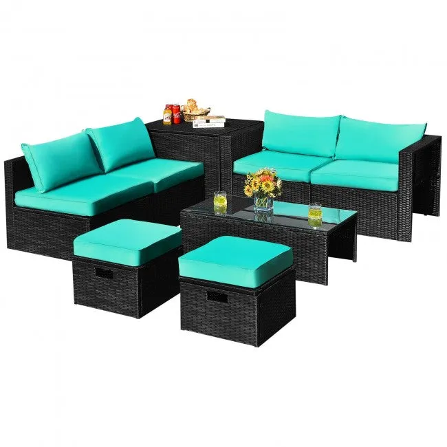 SilverCrate ™ 8 Pieces Patio Cushioned Rattan Furniture Set w/ Storage Waterproof Cover
