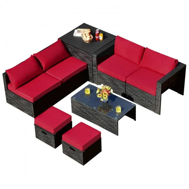 SilverCrate ™ 8 Pieces Patio Cushioned Rattan Furniture Set w/ Storage Waterproof Cover