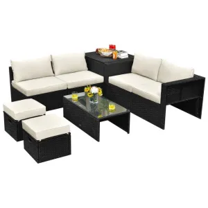 SilverCrate ™ 8 Pieces Patio Cushioned Rattan Furniture Set w/ Storage Waterproof Cover
