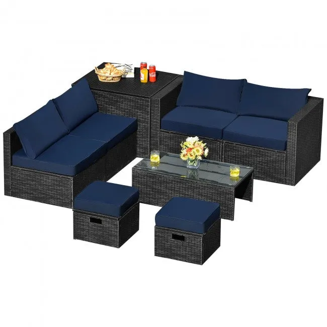 SilverCrate ™ 8 Pieces Patio Cushioned Rattan Furniture Set w/ Storage Waterproof Cover