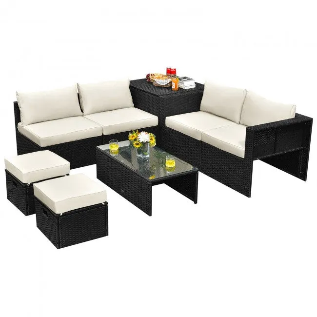 SilverCrate ™ 8 Pieces Patio Cushioned Rattan Furniture Set w/ Storage Waterproof Cover