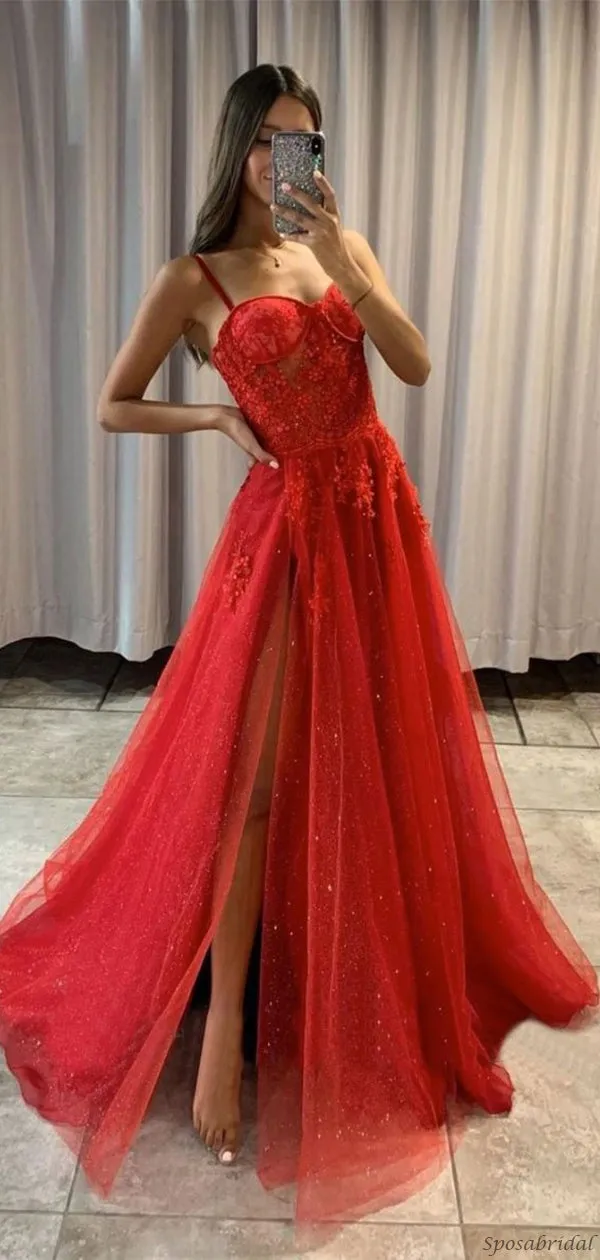Sparkling Sexy Red Spaghetti Straps Sweetheart Lace Top Side-slit A-line Long Prom Dress, PD3259
