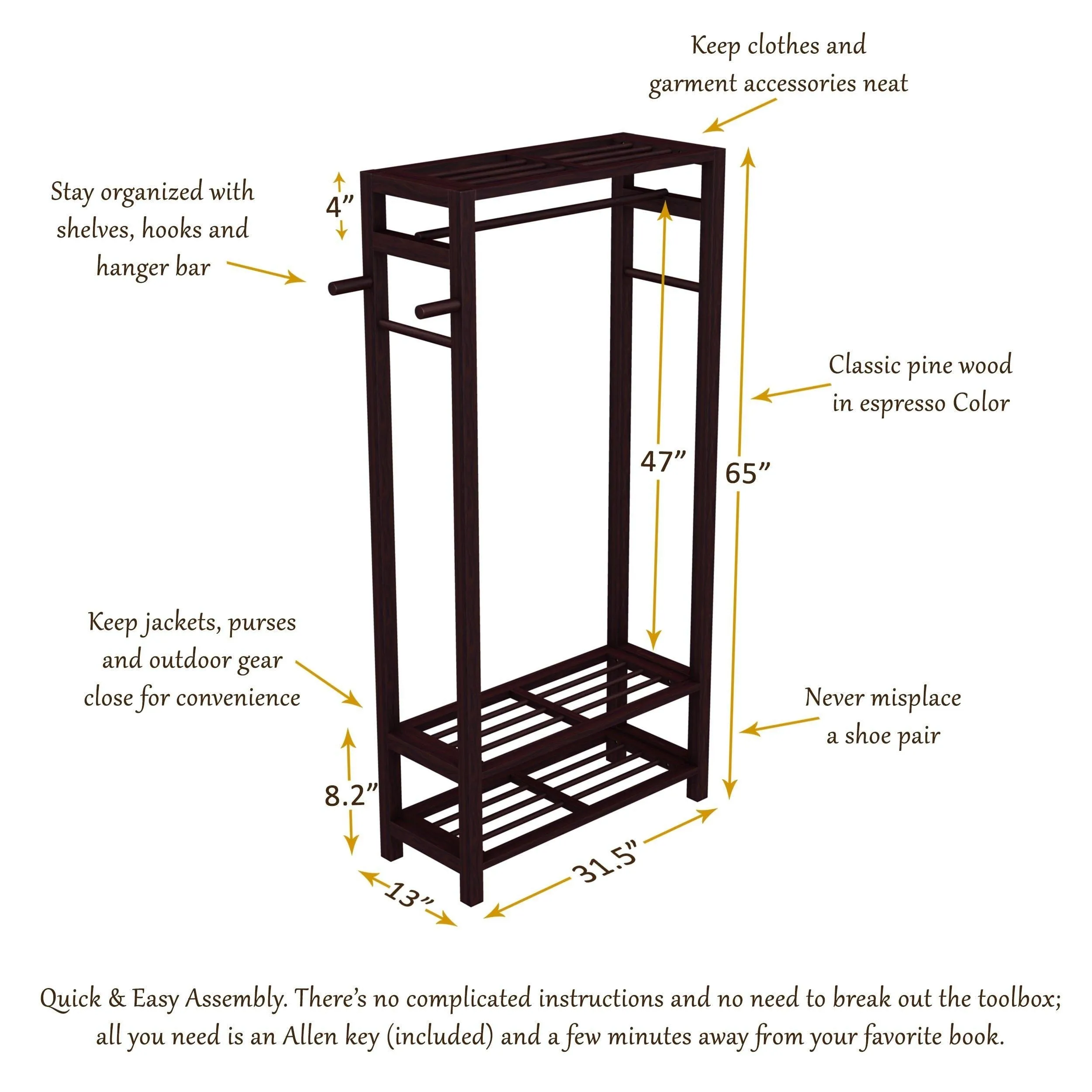 Stony-Edge Wood Coat & Shoe Garment Rack and Hat Stand for Hallway or Front Door Entryway - Free-Standing Clothing Rail Hanger - Easy to Assemble - Espresso