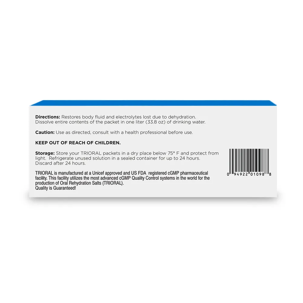 TRIORAL Rehydration Electrolyte Powder - WHO Hydration Supplement Salts Formula - Combat Dehydration from Workouts, Fluid Loss and Much More - 100 Drink Mix Packets