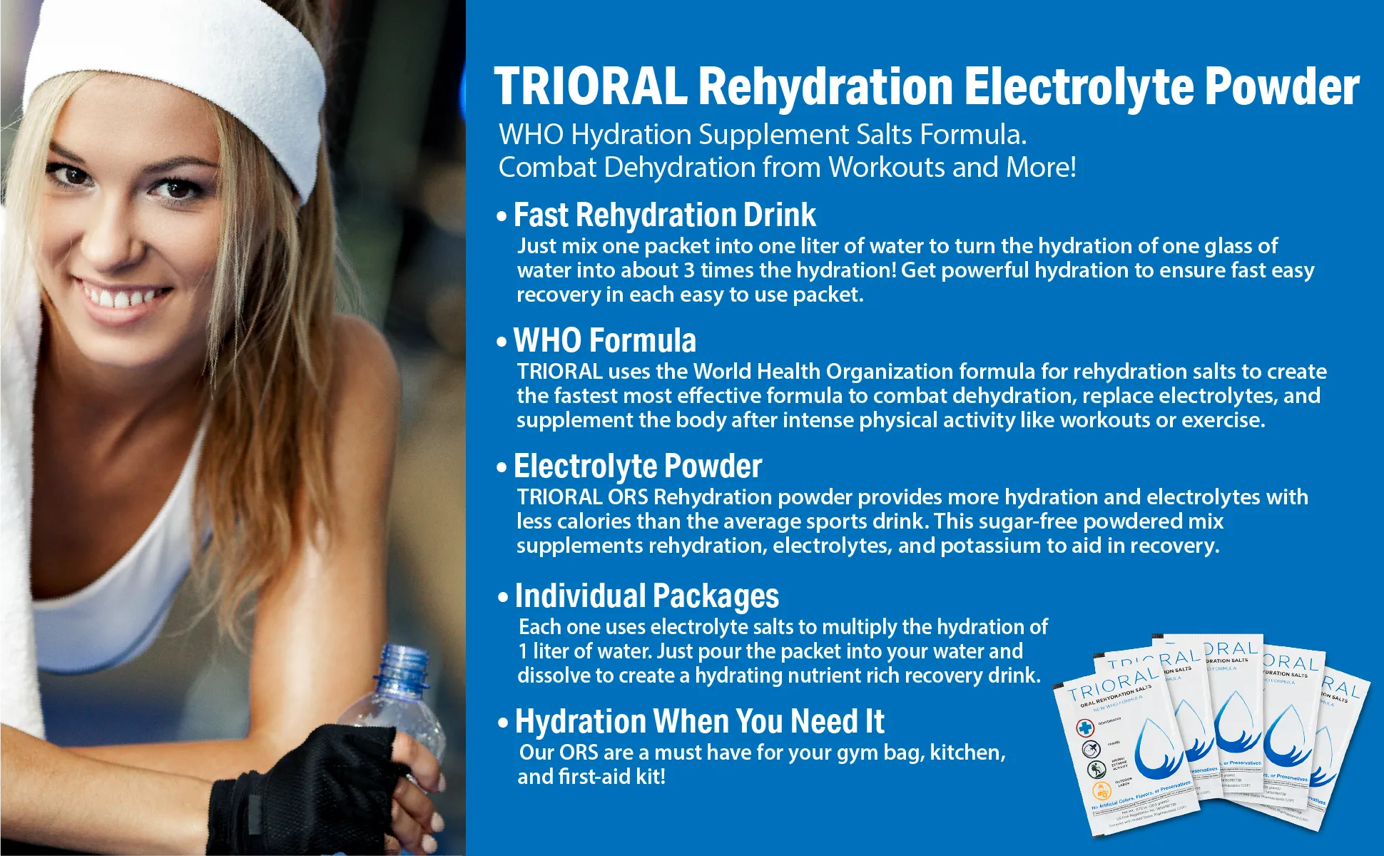 TRIORAL Rehydration Electrolyte Powder - WHO Hydration Supplement Salts Formula - Combat Dehydration from Workouts, Fluid Loss and Much More - 100 Drink Mix Packets