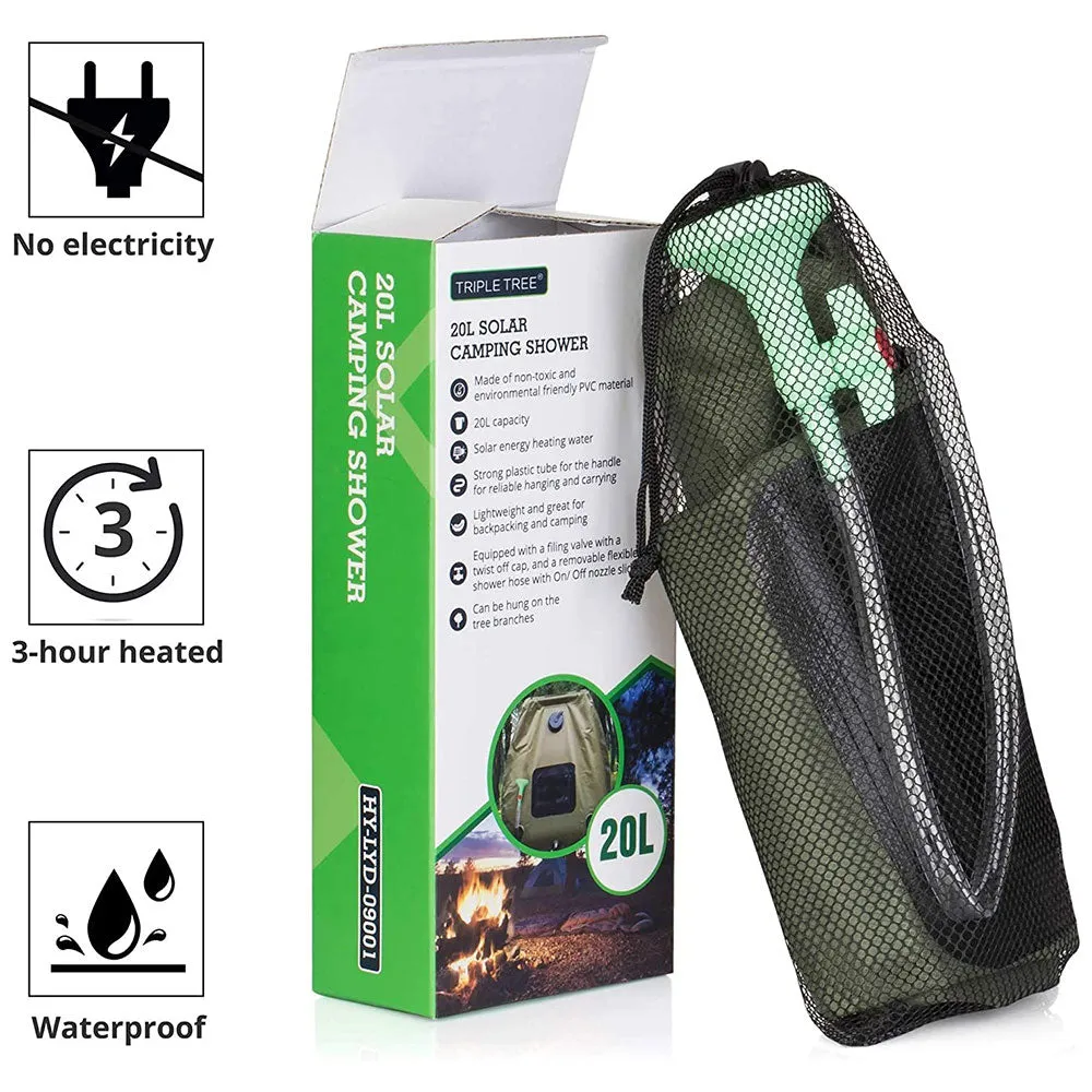 TRIPLETREE Camping Solar Shower Bag 5 Gallons/20L with On-Off Switchable Shower Head and Removable Hose