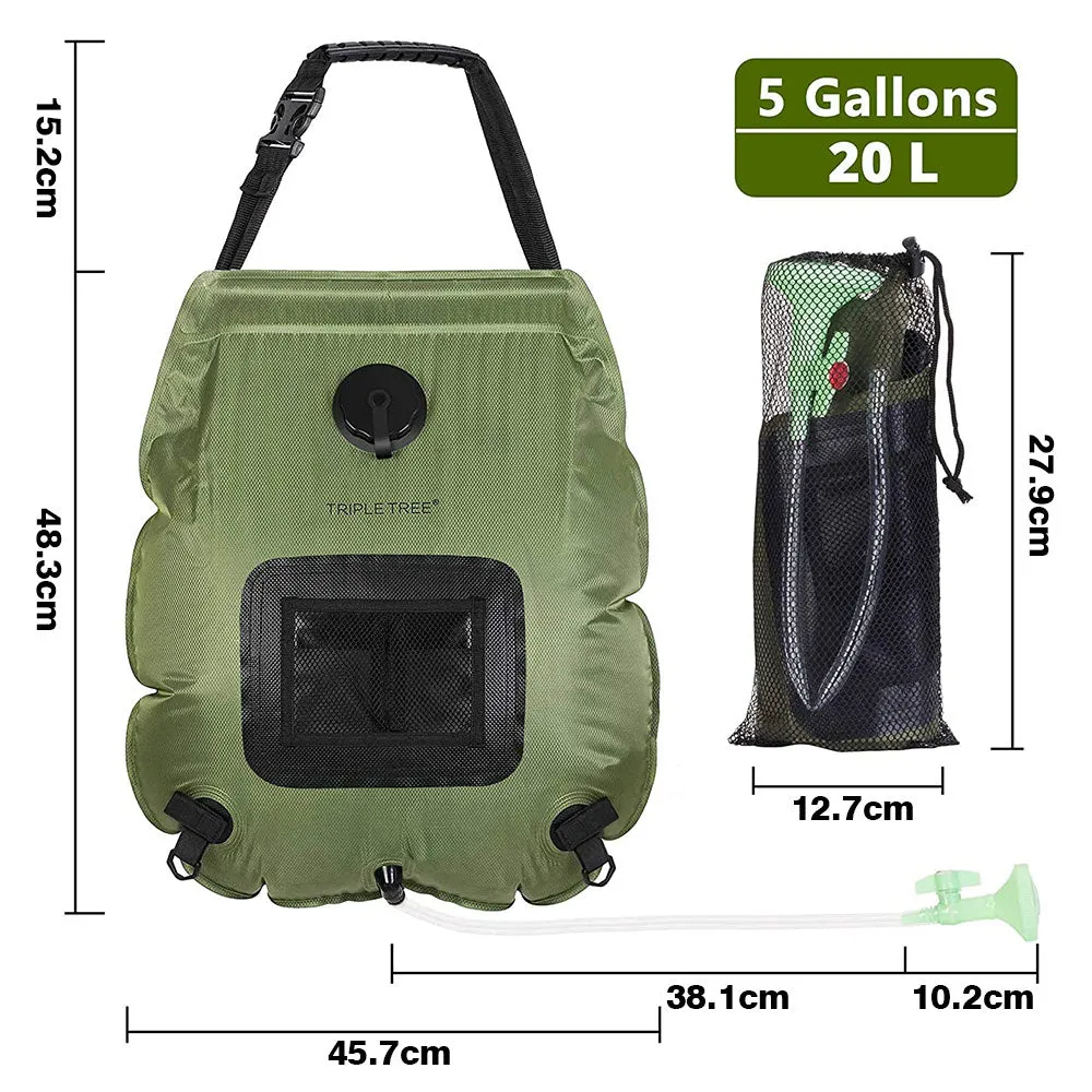 TRIPLETREE Camping Solar Shower Bag 5 Gallons/20L with On-Off Switchable Shower Head and Removable Hose