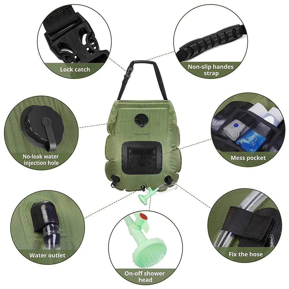 TRIPLETREE Camping Solar Shower Bag 5 Gallons/20L with On-Off Switchable Shower Head and Removable Hose