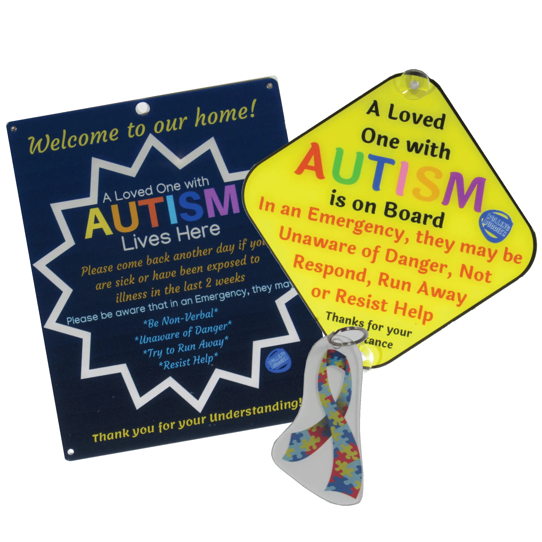 Ultimate Bundle Keychain, Dark Blue Autism Plastic Door Sign and Plastic Car Sign