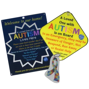 Ultimate Bundle Keychain, Dark Blue Autism Plastic Door Sign and Plastic Car Sign