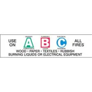 USE ON ALL FIRES A:ORDINARY COMBUSTIBLES B: FLAMMABLE LIQUIDS C: ELECTRICAL EQUIPMENT… Labels
