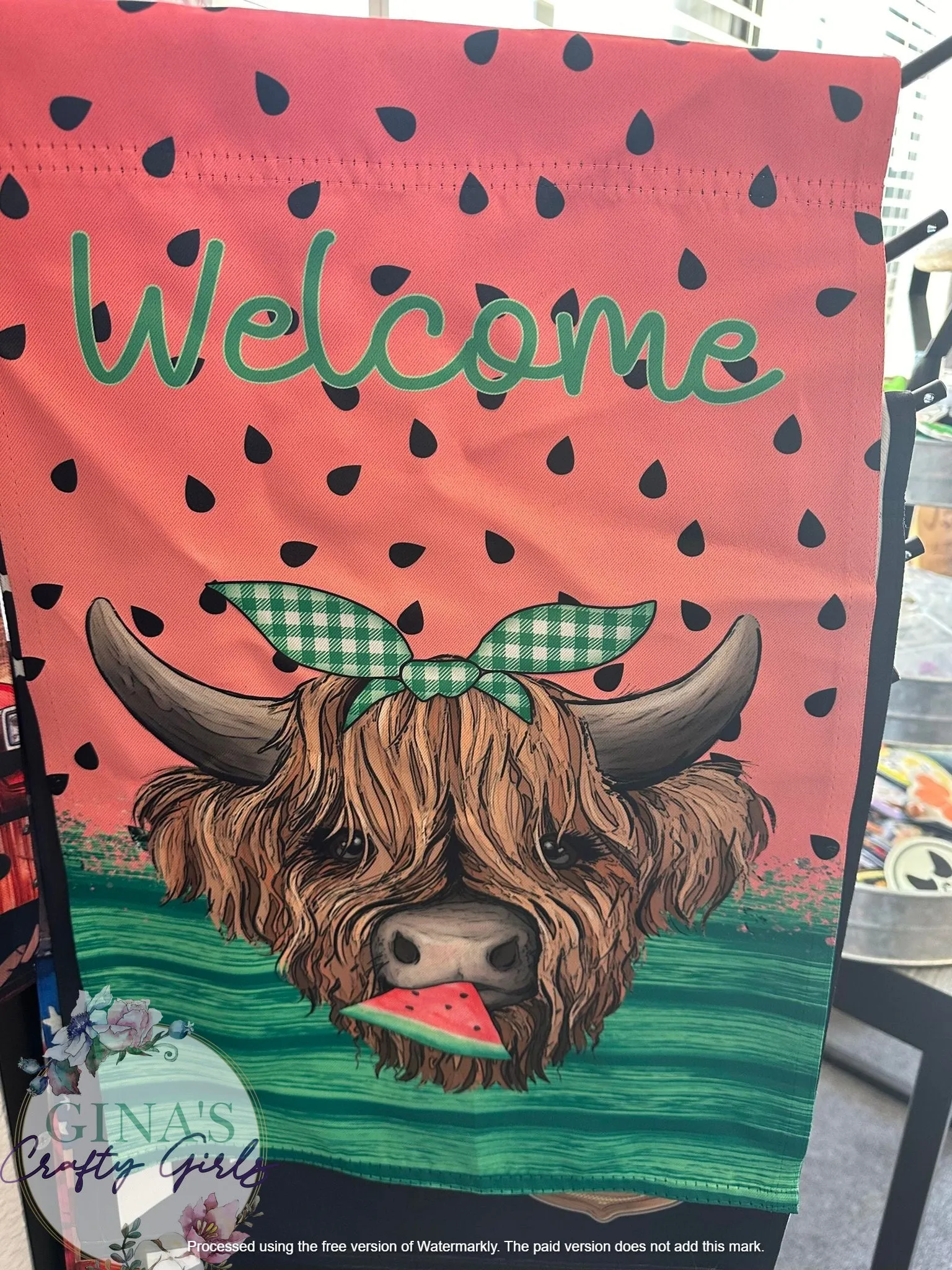 Watermelon Highland Heifer Summer 12 x18 Double Sided Garden Flag