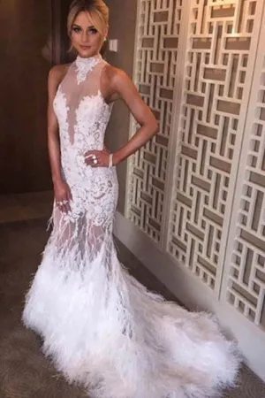White High Neck Sexy Mermaid Prom Dresses,Lace Sweep Train Evening Dress With Feather,SVD413