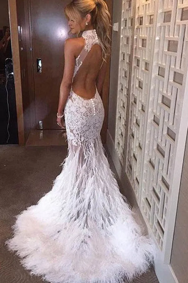 White High Neck Sexy Mermaid Prom Dresses,Lace Sweep Train Evening Dress With Feather,SVD413