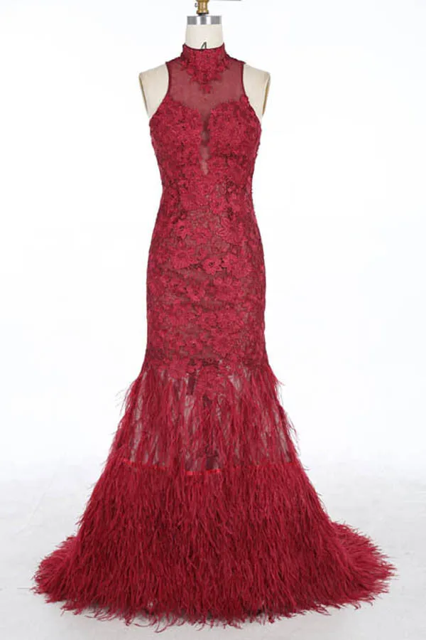 White High Neck Sexy Mermaid Prom Dresses,Lace Sweep Train Evening Dress With Feather,SVD413