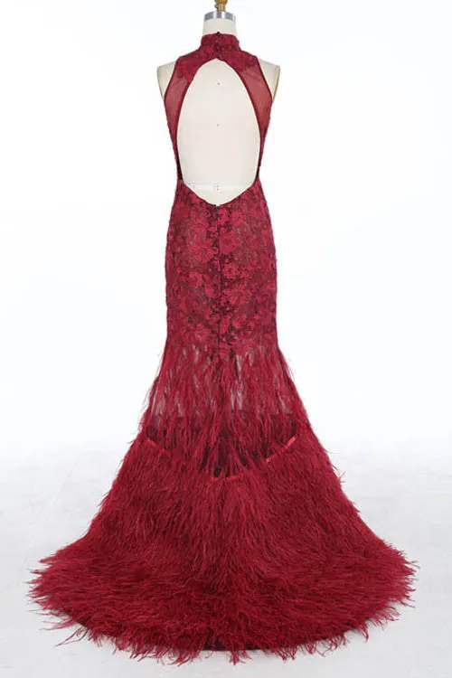 White High Neck Sexy Mermaid Prom Dresses,Lace Sweep Train Evening Dress With Feather,SVD413